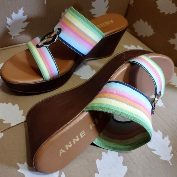 Anne Klein "Hadya" Slip On Wedge Sandal Striped Slide Heel sz 9 ~LN, Hardly Worn - Picture 1 of 10